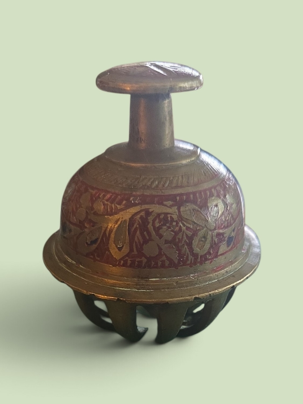 Vintage Hand Carved Brass Elephant Bell w/Floral Accents/Design - Red and Gold